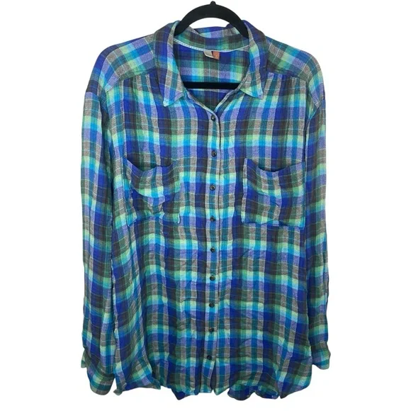 Pilcro | Anthropologie Hadley Relaxed Button Down Shirt Blue Green Size XL - Picture 1 of 13
